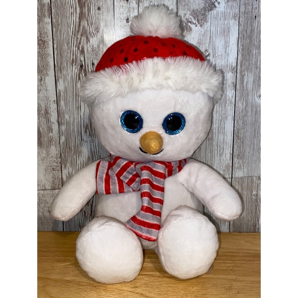 Hug Fun 11" Snowman Blue Sparkly Eyes Plush Stuffed Animal Toy Red Hat Scarf
